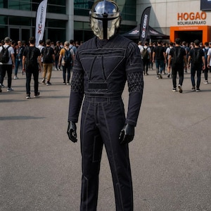 Mandalorian Star Wars Din Djarin inspired cosplay costume featuring a black flight suit with tactical design and armor-ready structure. This Mandalorian cosplay outfit is crafted with durable fabric, detailed stitching, and a fitted silhouette for a screen-accurate look. Ideal for cosplay events, Comic Con, Halloween, and Star Wars fans, this bounty hunter outfit offers comfort, mobility, and a premium sci fi costume finish.