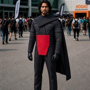 Puede incluir: Una persona con un disfraz negro con un panel rojo en la cintura, guantes y botas negras. El disfraz tiene una capa y patrones geom&eacute;tricos en las mangas. La persona est&aacute; de pie sobre una superficie gris.