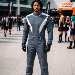 Mandalorian Star Wars Din Djarin inspired cosplay costume featuring a black flight suit with tactical design and armor-ready structure. This Mandalorian cosplay outfit is crafted with durable fabric, detailed stitching, and a fitted silhouette for a screen-accurate look. Ideal for cosplay events, Comic Con, Halloween, and Star Wars fans, this bounty hunter outfit offers comfort, mobility, and a premium sci fi costume finish