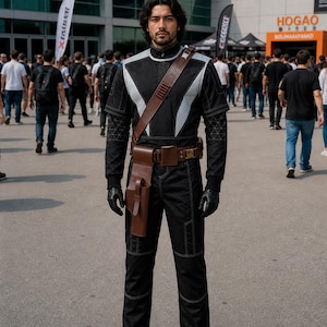 May include: A person wearing a black and silver jumpsuit with a brown leather satchel and belt. The outfit includes black gloves and boots. The person is standing in a crowd of people.