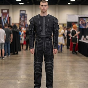 Mandalorian Star Wars black Boba Fett costume, 3 piece bounty hunter outfit, Mandalorian cosplay suit, custom Star Wars costume, best gift for fans. This Mandalorian costume includes shirt, pants, and flak vest, designed for accuracy, comfort, and durability. Perfect Boba Fett cosplay for conventions, events, and collectors seeking a high quality Star Wars Mandalorian bounty hunter cosplay costume with custom sizing for an authentic and powerful look.