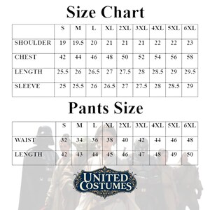 May include: Size chart for costumes, featuring measurements for shoulder, chest, length, and sleeve. Pants size chart includes waist and length measurements. The United Costumes logo is at the bottom.
