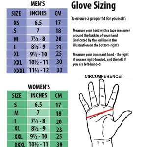 May include: A glove sizing chart featuring two tables for sizing, one purple and one green, listing sizes from XS to XXXL with measurements in inches and centimeters. A black and white line drawing of a hand shows where to measure circumference.