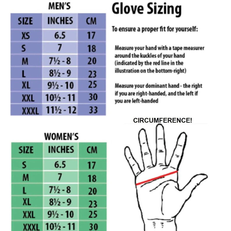 May include: A glove sizing chart featuring two tables for sizing, one purple and one green, listing sizes from XS to XXXL with measurements in inches and centimeters. A black and white line drawing of a hand shows where to measure circumference.