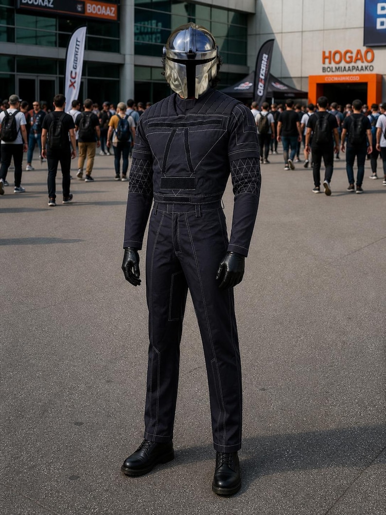 Mandalorian Star Wars Din Djarin inspired cosplay costume featuring a black flight suit with tactical design and armor-ready structure. This Mandalorian cosplay outfit is crafted with durable fabric, detailed stitching, and a fitted silhouette for a screen-accurate look. Ideal for cosplay events, Comic Con, Halloween, and Star Wars fans, this bounty hunter outfit offers comfort, mobility, and a premium sci fi costume finish.