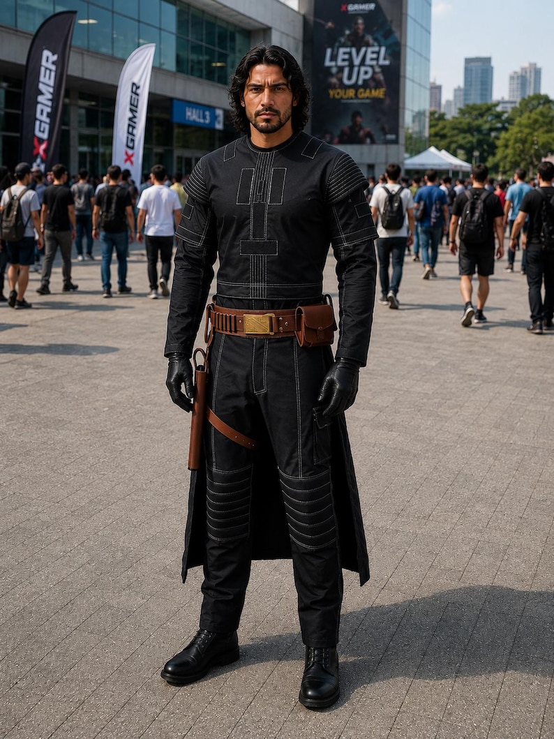 Mandalorian cosplay dark grey flight suit full body bounty hunter outfit front view
Star Wars Mandalorian suit dark grey cosplay with vest and utility belt
Bounty hunter cosplay outfit mandalorian flight suit side view with clean fit
Dark grey cosplay suit mandalorian costume back view with cape and belt
Mandalorian flight suit detail stitching fabric close up cosplay costume
Star Wars cosplay mandalorian outfit full set dark grey suit photography