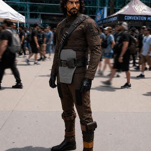 Peut inclure: Une personne porte un costume marron avec un gilet tactique, des gants et des bottes. Le costume a une ceinture utilitaire et une bandouli&egrave;re avec des pochettes. En arri&egrave;re-plan, une foule et une banni&egrave;re "STAR WARS".