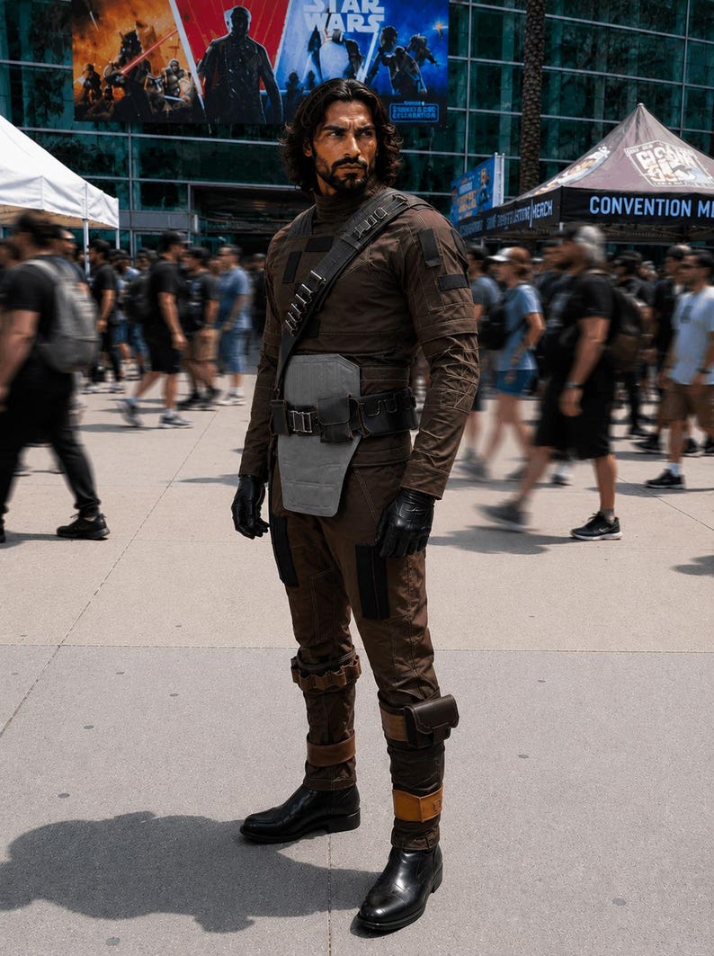 Peut inclure: Une personne porte un costume marron avec un gilet tactique, des gants et des bottes. Le costume a une ceinture utilitaire et une bandouli&egrave;re avec des pochettes. En arri&egrave;re-plan, une foule et une banni&egrave;re "STAR WARS".