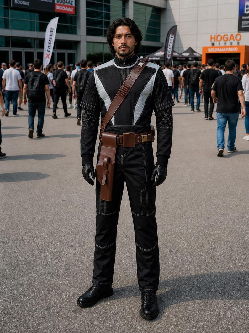 May include: A person wearing a black and silver jumpsuit with a brown leather satchel and belt. The outfit includes black gloves and boots. The person is standing in a crowd of people.
