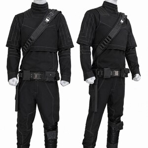 May include: A black tactical uniform set featuring a high-neck long-sleeve shirt with white topstitching, matching trousers, a utility belt with pouches, a shoulder strap with metallic buckles, and a holster, displayed on two mannequins.