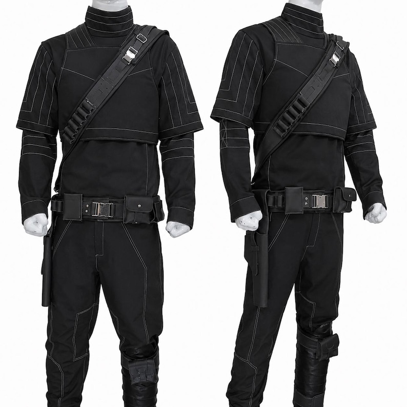 May include: A black tactical uniform set featuring a high-neck long-sleeve shirt with white topstitching, matching trousers, a utility belt with pouches, a shoulder strap with metallic buckles, and a holster, displayed on two mannequins.
