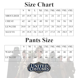 May include: Size chart for costumes, featuring measurements for shoulder, chest, length, and sleeve. Pants size chart includes waist and length measurements. The United Costumes logo is at the bottom.