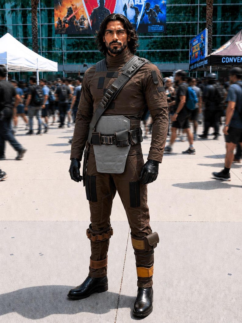 Mandalorian Star Wars Din Djarin inspired cosplay costume featuring a black flight suit with tactical design and armor-ready structure. This Mandalorian cosplay outfit is crafted with durable fabric, detailed stitching, and a fitted silhouette for a screen-accurate look. Ideal for cosplay events, Comic Con, Halloween, and Star Wars fans, this bounty hunter outfit offers comfort, mobility, and a premium sci fi costume finish.