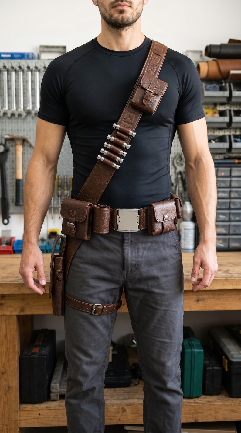 Mandalorian-inspired leather utility belt featuring a detailed leg holster design for bounty hunter cosplay and Star Wars costume builds. This handmade cosplay belt includes durable leather construction, adjustable fit, and screen-inspired styling suitable for Mandalorian costumes, Din Djarin cosplay, Comic Con, Halloween, and fan conventions. The leather belt and leg holster accessory is ideal for completing bounty hunter outfits, cosplay photography, collector displays