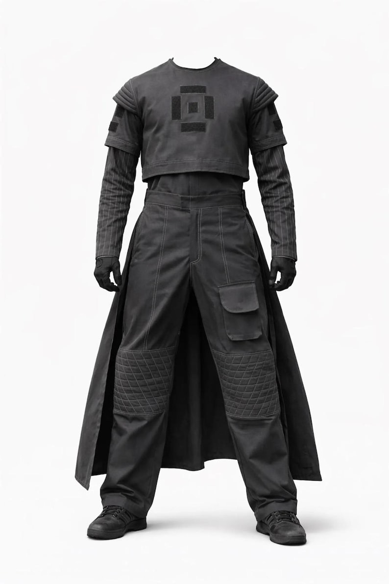 K&ouml;nnte beinhalten: Ein dunkelgraues futuristisches Outfit mit einem bauchfreien Oberteil mit geometrischem Design, einer lang&auml;rmeligen Unterschicht und einer hoch taillierten Hose mit gesteppten Knieschonern und Cargotaschen. Das Outfit umfasst einen langen, flie&szlig;enden Rock und schwarze Handschuhe.