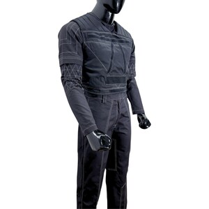 May include: Black jumpsuit with white stitching and geometric accents. The outfit features a padded vest-like top, long sleeves, and matching pants. The design includes a series of geometric patterns on the sleeves and around the shoulders.