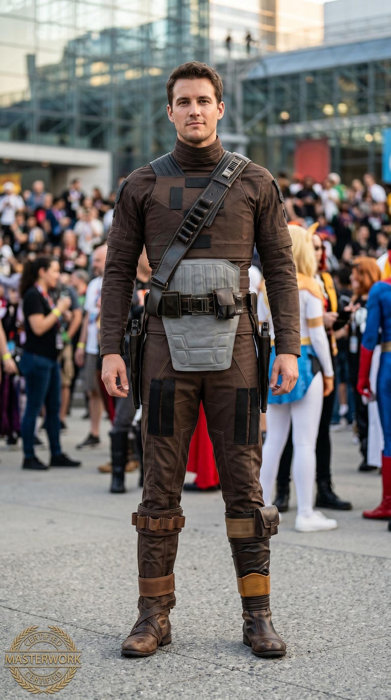 May include: A person in a brown costume with a high collar, shoulder strap, and utility belt. The costume includes a chest piece, pants, and boots. The person is standing in front of a crowd of people.