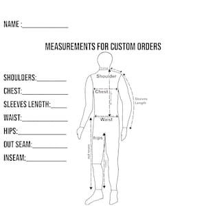 Puede incluir: Un diagrama en blanco y negro para medidas de ropa personalizadas. El diagrama incluye una figura humana con &aacute;reas etiquetadas para las medidas de hombros, pecho, cintura y caderas. El texto en la parte superior dice "MEDIDAS PARA PEDIDOS PERSONALIZADOS".