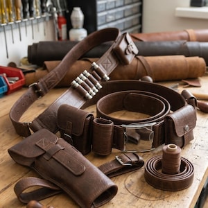 May include: A brown leather utility belt set featuring a holster, multiple pouches, a silver-toned metal buckle, and a bandolier with metallic cylindrical accents. The set includes a small spool of brown thread and a wooden-handled awl tool.