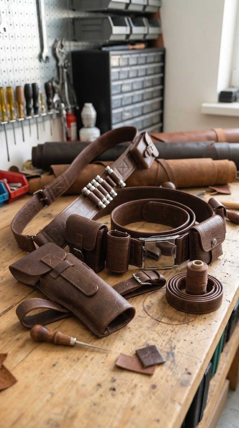 May include: A brown leather utility belt set featuring a holster, multiple pouches, a silver-toned metal buckle, and a bandolier with metallic cylindrical accents. The set includes a small spool of brown thread and a wooden-handled awl tool.