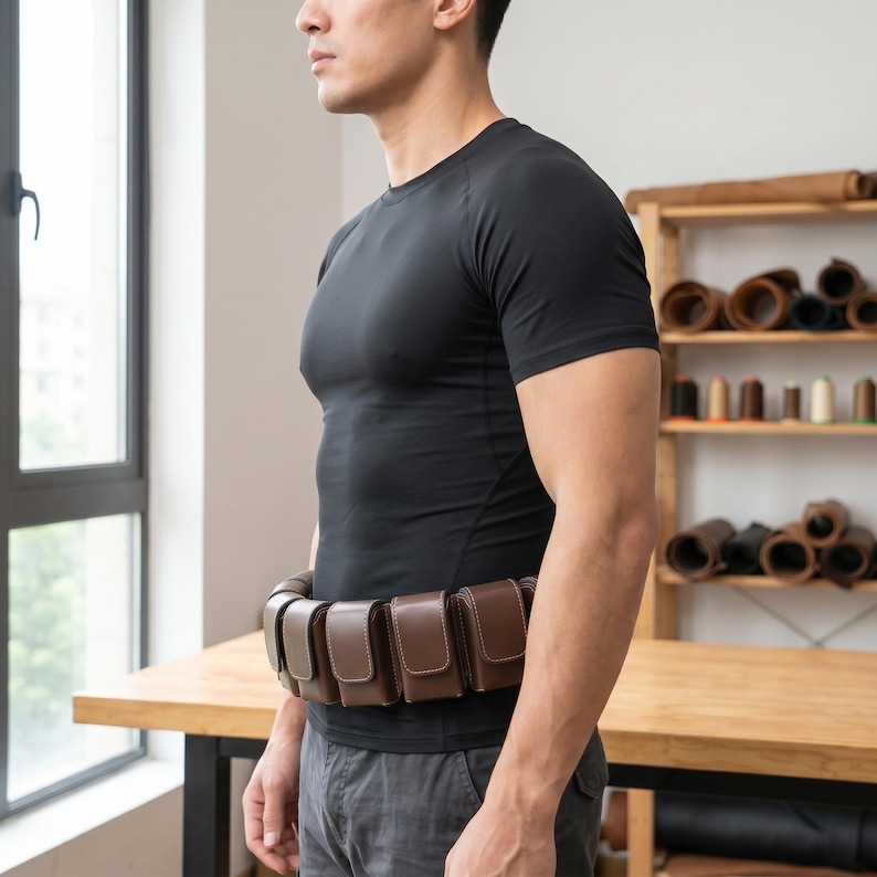 May include: A brown leather utility belt featuring multiple rectangular pouches with flap closures and white stitching. The belt is worn around the waist over a black short-sleeved shirt and grey trousers, showcasing a structured design.