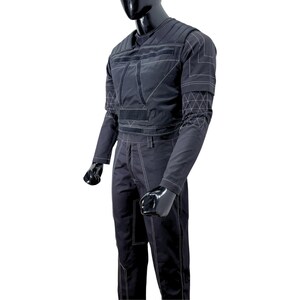 May include: Black jumpsuit with white stitching and geometric patterns on the sleeves. The top features a padded design with rectangular and triangular accents. The outfit includes a round-neck top and matching pants, creating a cohesive look.