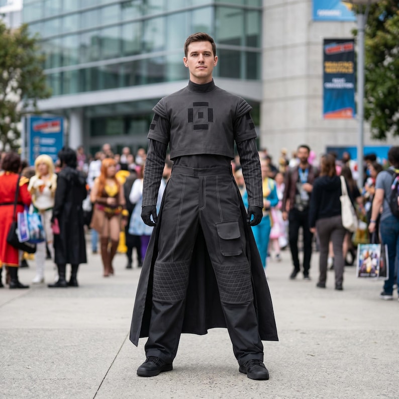 K&ouml;nnte beinhalten: Eine Person tr&auml;gt ein dunkelgraues Kost&uuml;m mit hohem Kragen, kurzer Jacke und langer Hose mit Knieschonern. Das Kost&uuml;m hat ein geometrisches Design auf der Brust und wird mit schwarzen Handschuhen und Schuhen kombiniert. Die Person steht in einer Menschenmenge.