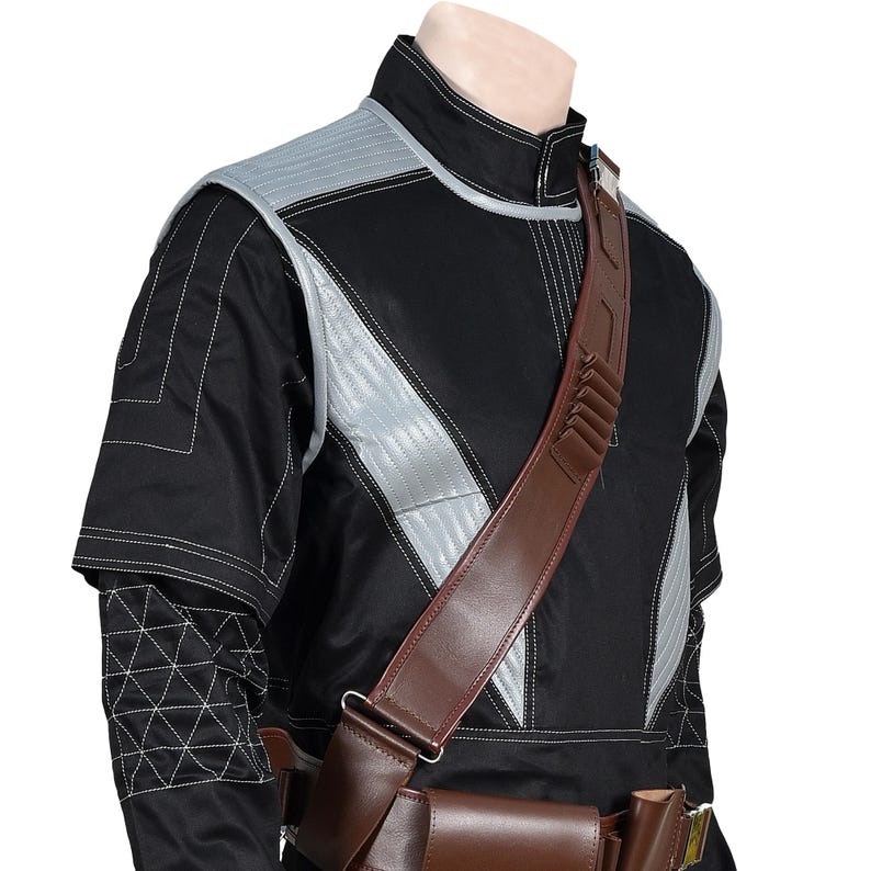 May include: Black and gray tactical jacket with a brown leather shoulder strap and belt. The jacket features silver accents and white stitching details. The outfit is designed with a futuristic aesthetic.