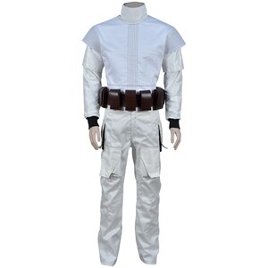 May include: A white costume with a high collar, long sleeves, and a brown belt with pouches. The pants have large pockets. The costume has black wrist cuffs. The outfit is designed for cosplay or costume events.