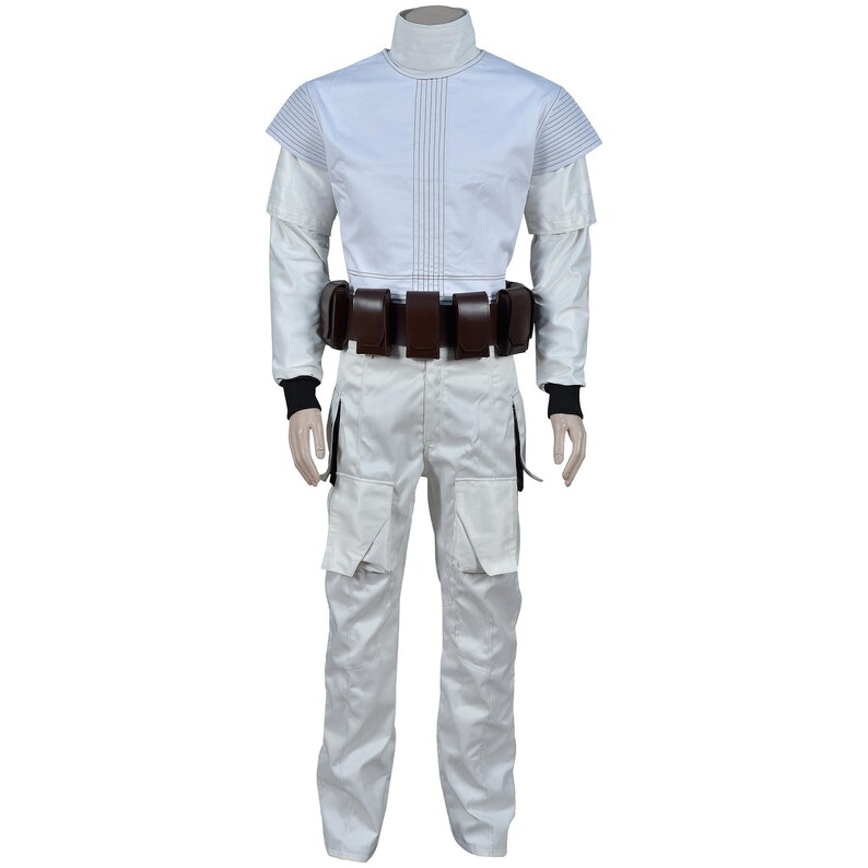 May include: A white costume with a high collar, long sleeves, and a brown belt with pouches. The pants have large pockets. The costume has black wrist cuffs. The outfit is designed for cosplay or costume events.