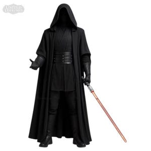 May include: A black hooded costume with a long cloak, gloves, and boots. The costume includes a wide belt and a red lightsaber. The United Costumes logo is in the upper left corner.