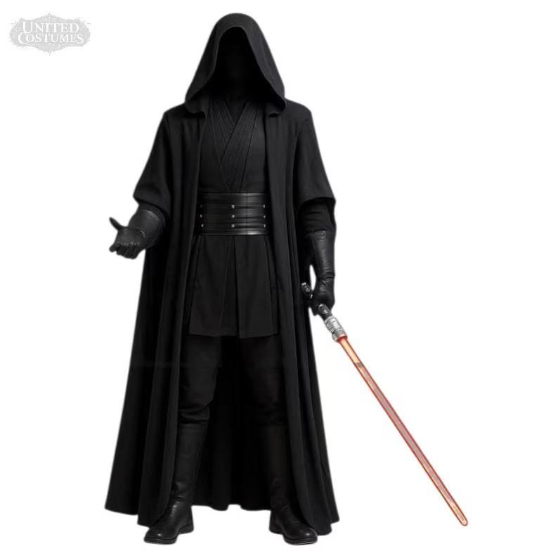 May include: A black hooded costume with a long cloak, gloves, and boots. The costume includes a wide belt and a red lightsaber. The United Costumes logo is in the upper left corner.