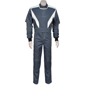 May include: A gray racing suit with white accents on the shoulders and chest. The suit has a high collar, long sleeves, and a fitted waist. Black cuffs and white stitching detail the suit. The suit is displayed on a mannequin.
