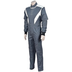 May include: A gray racing suit with white accents on the shoulders and chest. The suit has long sleeves with black cuffs and geometric patterned detailing on the upper arms. White stitching outlines the seams.