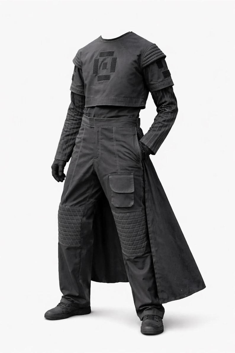 K&ouml;nnte beinhalten: Ein dunkelgraues futuristisches Outfit. Das Ensemble umfasst ein kurzes Oberteil mit quadratischem Design, ein lang&auml;rmeliges gestreiftes Unterhemd, eine hoch taillierte Hose mit Tasche und einen langen Mantel. Die Hose hat gesteppte Kniesch&uuml;tzer. Das Outfit wird durch Handschuhe und Schuhe vervollst&auml;ndigt.
