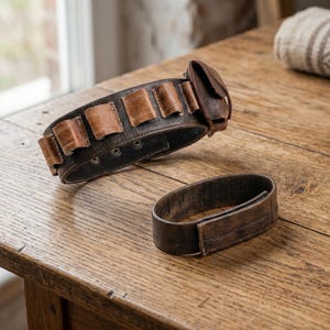 May include: A dark brown leather belt featuring a series of attached lighter brown leather loops for holding small items and a small pouch on one side. Beside it lies a separate, smaller dark brown leather band with a simple hook and loop closure.