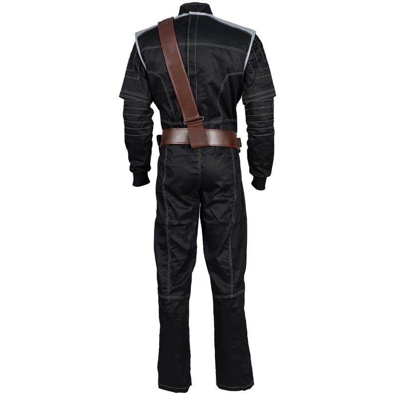 May include: Black jumpsuit with white stitching details, a brown leather belt, and a matching shoulder strap. The suit has silver accents on the shoulders and sleeves. The overall design suggests a costume or uniform.