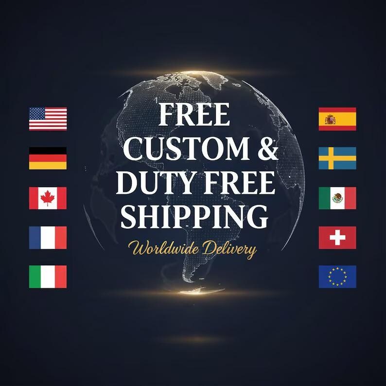 May include: A dark blue graphic with a world map and the words "FREE CUSTOM & DUTY FREE SHIPPING" in white. Flags of various countries surround the globe, with the text "Worldwide Delivery" below.