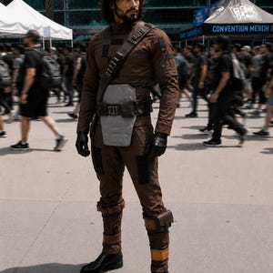 Peut inclure: Une personne porte un costume marron avec une ceinture utilitaire, une bandouli&egrave;re et des gants noirs. Le costume comprend une chemise &agrave; col montant et un pantalon assorti. Des bottes noires compl&egrave;tent le look. En arri&egrave;re-plan, une foule et du mat&eacute;riel promotionnel Star Wars.