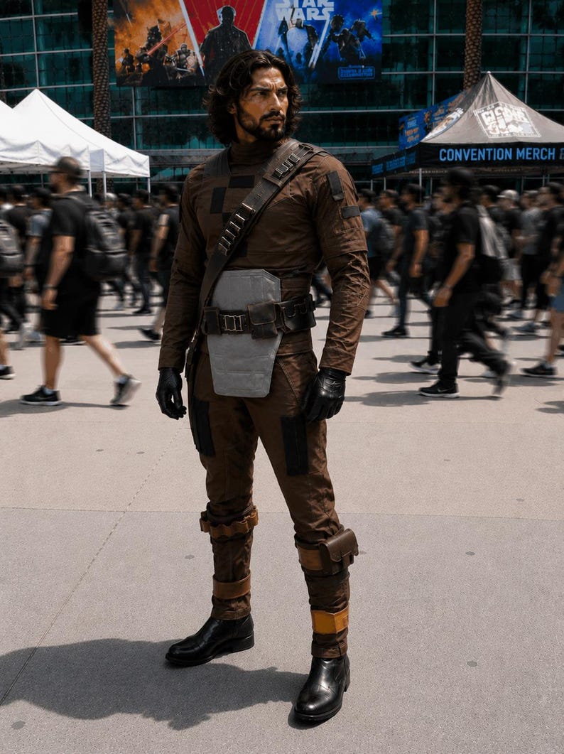 Peut inclure: Une personne porte un costume marron avec une ceinture utilitaire, une bandouli&egrave;re et des gants noirs. Le costume comprend une chemise &agrave; col montant et un pantalon assorti. Des bottes noires compl&egrave;tent le look. En arri&egrave;re-plan, une foule et du mat&eacute;riel promotionnel Star Wars.