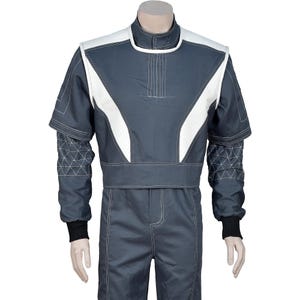 May include: A dark gray racing suit with white accents on the shoulders and chest. The suit features geometric stitching on the sleeves and a black cuff at the wrist. The suit is designed for motorsports.