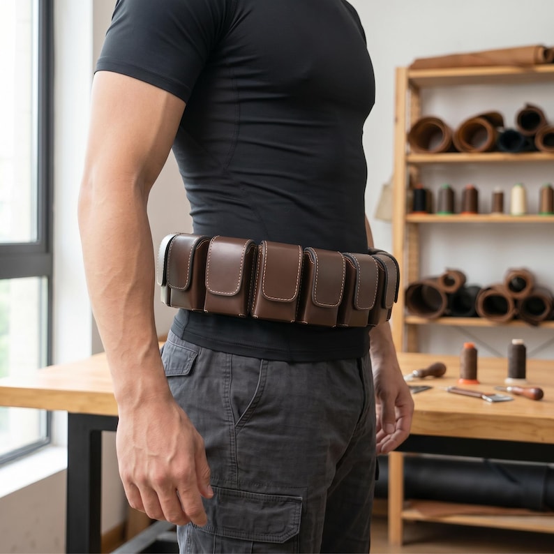 May include: A brown leather utility belt featuring a series of structured, rectangular pouches with flap closures. The belt is worn around the waist, showcasing multiple individual compartments designed for storage, constructed with visible stitching.