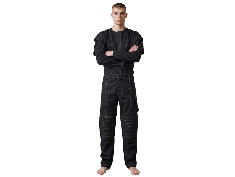 May include: Black jumpsuit with white stitching details. The one-piece garment features a round neck, long sleeves, and multiple pockets. The pants have reinforced knee panels. The model is standing with arms crossed.