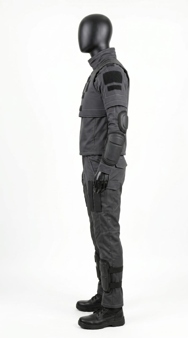 Pu&ograve; includere: Un set di uniforme tattica grigio scuro composto da una giacca a maniche lunghe e pantaloni abbinati. La giacca presenta un colletto alto, toppe in velcro nere e gomitiere integrate. I pantaloni includono tasche cargo e ginocchiere.
