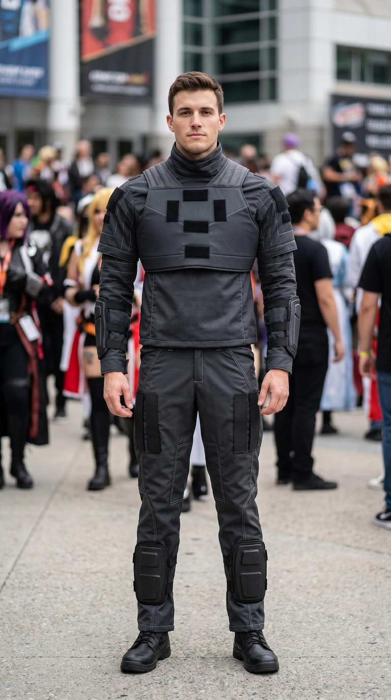 Mandalorian Star Wars Book of Boba Fett inspired 3-piece flight suit cosplay costume featuring a black tactical bounty hunter outfit with flak vest and tailored fit. This Mandalorian suit is crafted with durable fabric, reinforced stitching, and detailed panel design for a screen-inspired look. Ideal for Star Wars cosplay, Comic Con, Halloween, and sci fi events, this outfit offers comfort, mobility, and a bold armor-ready style for dedicated fans.