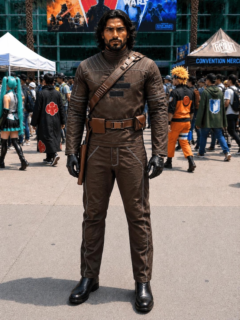 May include: A person in a brown costume with a high collar, shoulder strap, and belt. The costume includes a jacket, pants, and boots. The person is wearing black gloves. The background shows a crowd of people and convention banners.