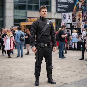 May include: A black tactical costume featuring a high-neck long-sleeve top with geometric stitching, matching trousers, a utility belt with pouches, a diagonal shoulder strap, and black boots. The outfit includes a holster on the right hip.