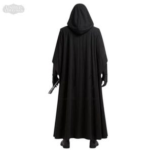 May include: A black hooded cloak costume with long sleeves and a floor-length hem. The costume includes black gloves and a lightsaber. The United Costumes logo is visible in the upper left corner. Perfect for cosplay or Halloween.