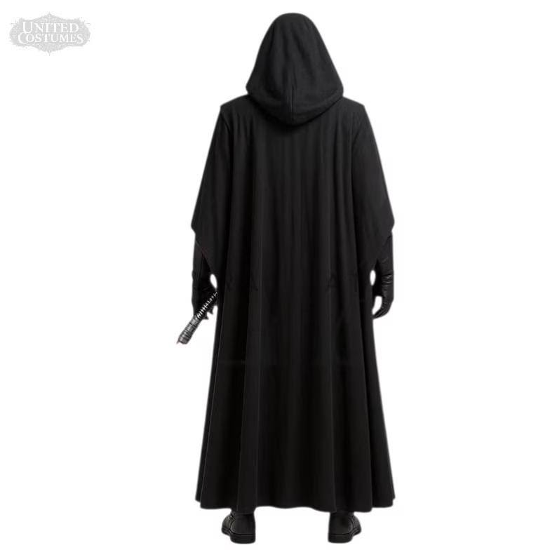 May include: A black hooded cloak costume with long sleeves and a floor-length hem. The costume includes black gloves and a lightsaber. The United Costumes logo is visible in the upper left corner. Perfect for cosplay or Halloween.