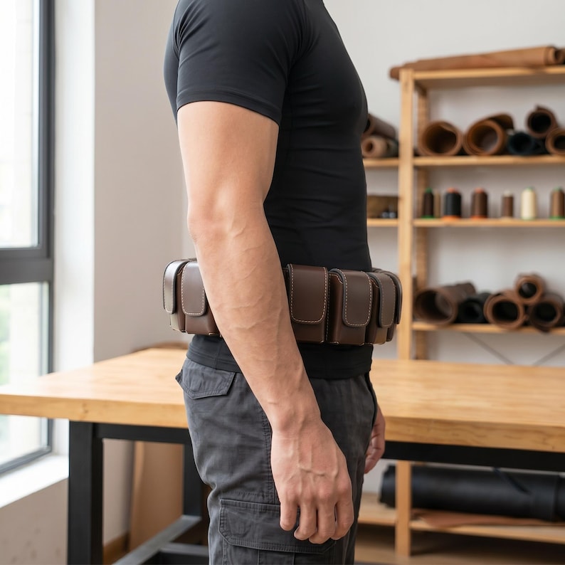 May include: A brown leather utility belt featuring multiple rectangular pouches with flap closures and visible white stitching. The belt is worn around the waist, showcasing a structured design with individual compartments for storage and organisation.